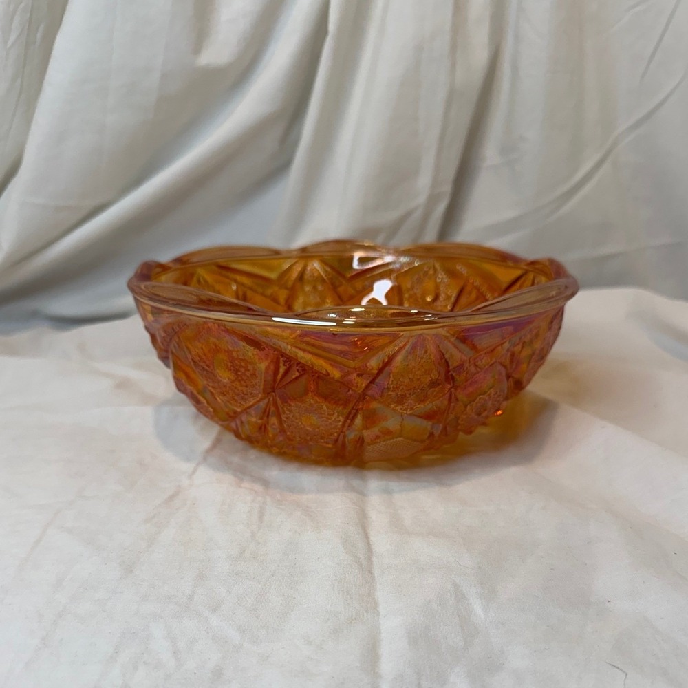 Vintage Marigold Carnival Glass Bowl Iridescent Star and Hobstar Pattern 8 Inch